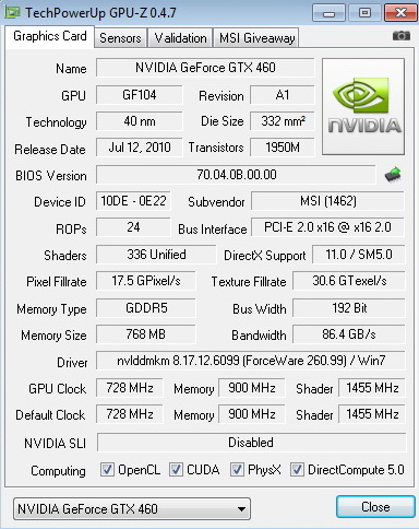 gpuz default msi N460GTX Cyclone 768D5 OC EDITION