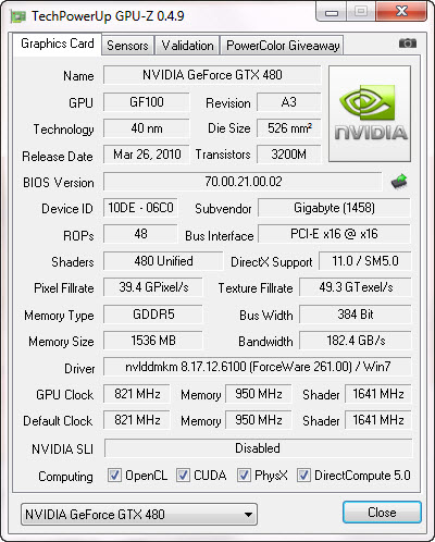 gpuz Gigabyte GTX480 Super Overclock Edition