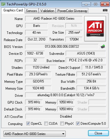 gpuz ASUS Radeon HD6870 1GB DDR5 Review