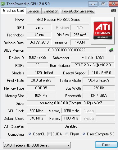 gpuz 900 1050 PowerColor Radeon HD6870 PCS+ 1GB DDR5 Review