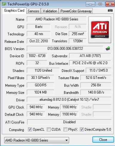 gpuz 940 1100 PowerColor Radeon HD6870 PCS+ 1GB DDR5 Review