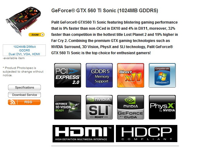 1 PaLiT GeForce GTX 560 Ti Sonic 1024MB GDDR5