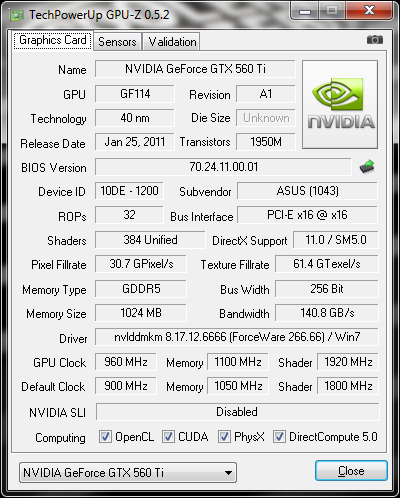 info gpuz oc Asus GTX560 Ti DirectCUII TOP : Review