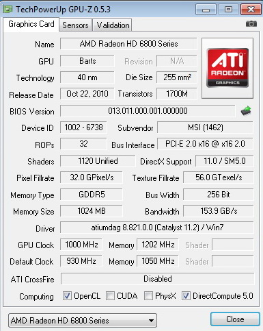 gpuz 1000 msi HD 6870 HAWK 1GB DDR5 Review