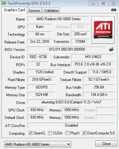 gpuz msi HD 6870 HAWK 1GB DDR5 Review