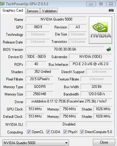 gpuz PNY Quadro 5000 2.5GB GDDR5 Review