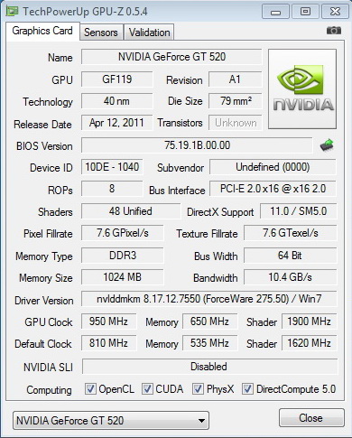gpuz 950 PaLiT Geforce GT 520 1024MB DDR3 Review