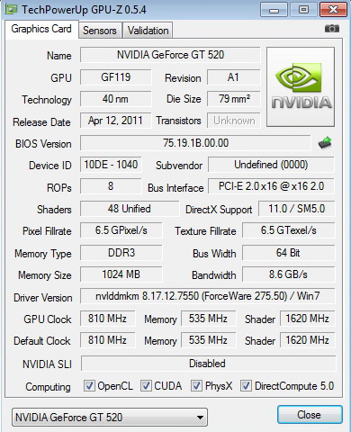gpuz PaLiT Geforce GT 520 1024MB DDR3 Review