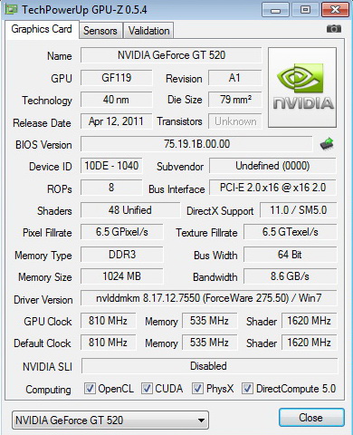 gpuz PaLiT Geforce GT 520 1024MB DDR3 Review