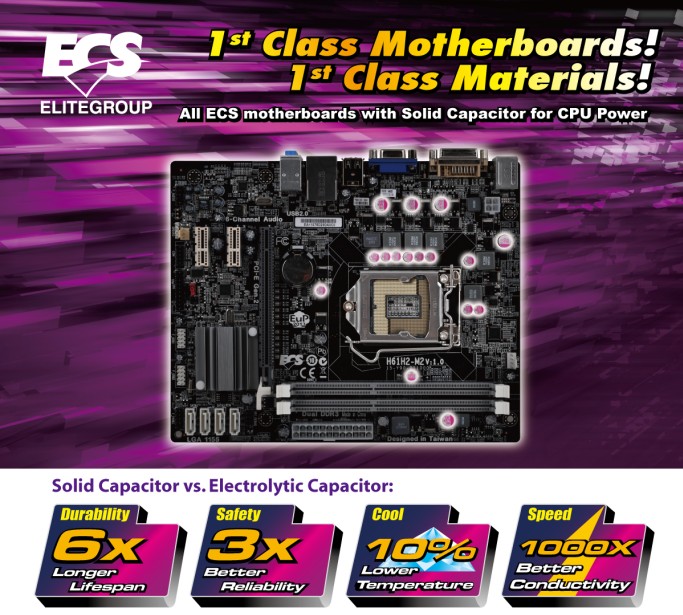 201107-solid-capacitor 201107 solid capacitor 1st Class Motherboards! 1st Class Materials! All ECS Motherboards with Solid Capacitors for CPU Power