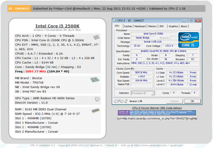 cpuz validation 1 6 720x499 Corsair VENGEANCE DDR3 1600CL9 8GB : Review