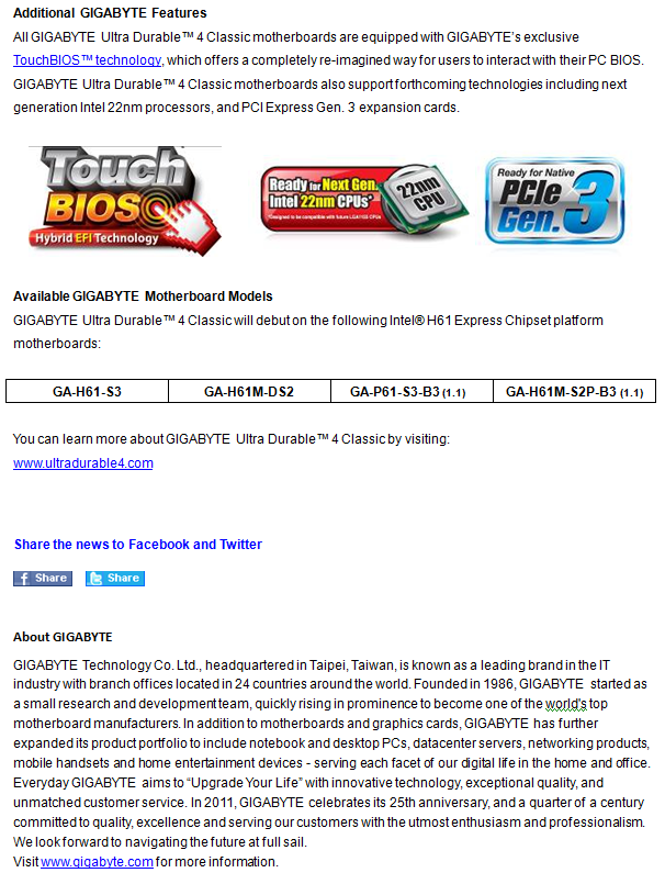 4 GIGABYTE Ultra Durable 4 Classic Debuts on GIGABYTE H61 Series Platform