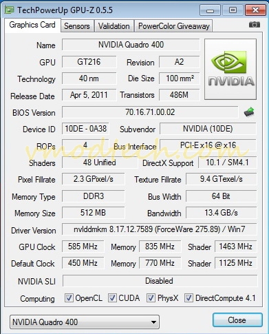 gpuz 585 PNY QUADRO 400 512MB DDR3 Review