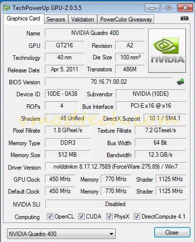 gpuz PNY QUADRO 400 512MB DDR3 Review
