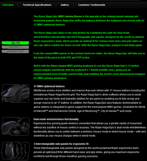 spec1 RAZER naga epic Elite MMO Gaming Mouse
