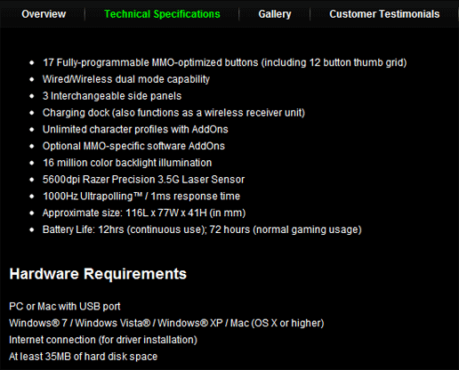 spec2 RAZER naga epic Elite MMO Gaming Mouse