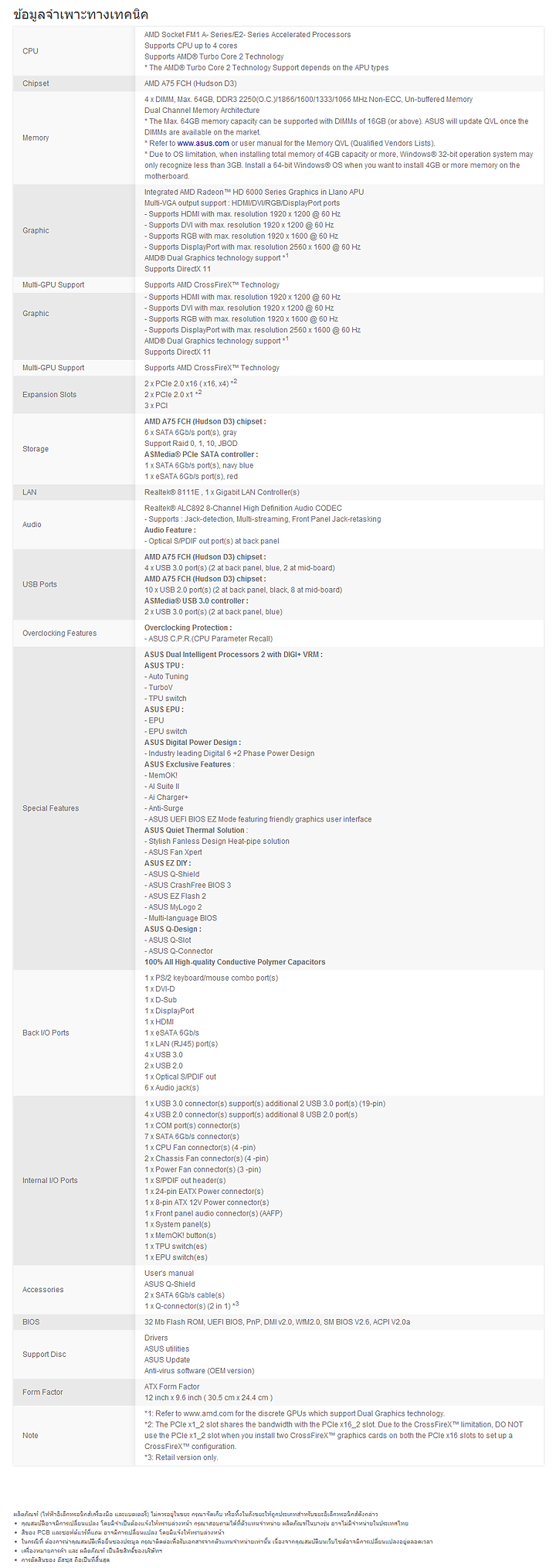 spec2 ASUS F1A75 V PRO Motherboard Review