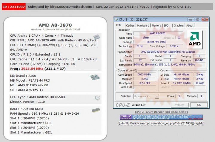 cpuz vali 3924ghz 720x477 AMD A8 3870K UNLOCKED APU Review