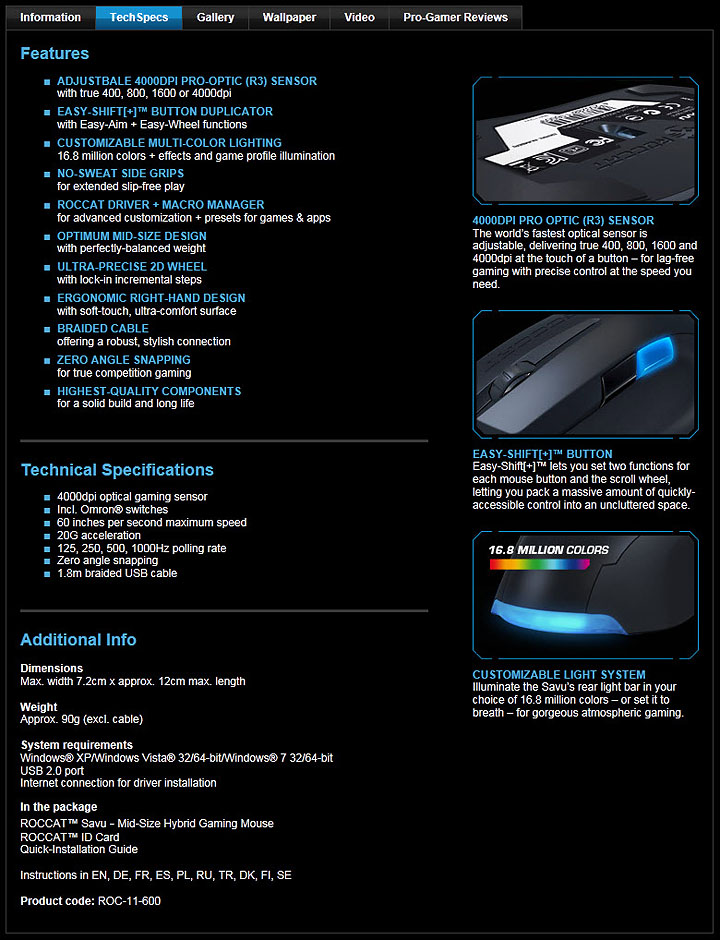 spec2 ROCCAT SAVU Mid Size Hybrid Gaming Mouse Review