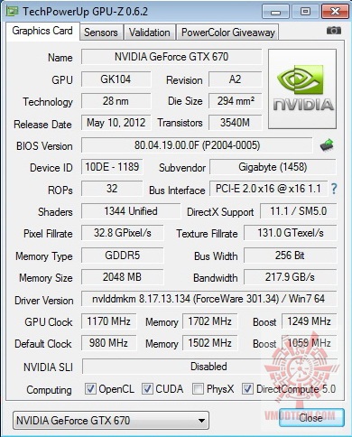 gpuz 1170 GIGABYTE Geforce GTX 670 OC.Version Review