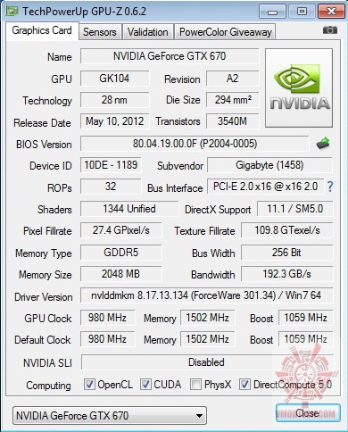 gpuz GIGABYTE Geforce GTX 670 OC.Version Review