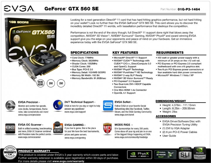 spec 720x556 EVGA Geforce GTX560 SE 1GB DDR5 