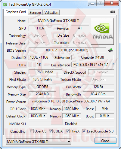 gpuz GIGABYTE WINDFORCE GeForce GTX 650Ti OC Version 2048 MB GDDR5 Review