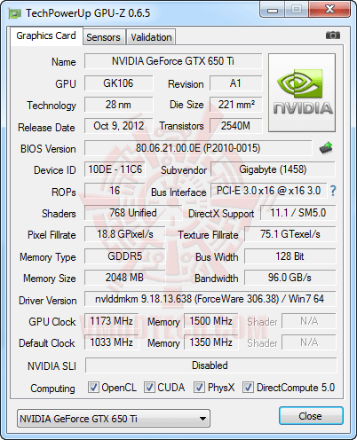 gpuz065 GIGABYTE WINDFORCE GeForce GTX 650Ti OC Version 2048 MB GDDR5 Review