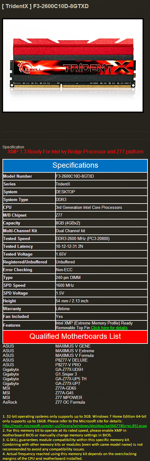 spec G.SKILL [TridentX] F3 2600C10D 8GTXD DDR3 2600MHz CL10 8GB Kit Review