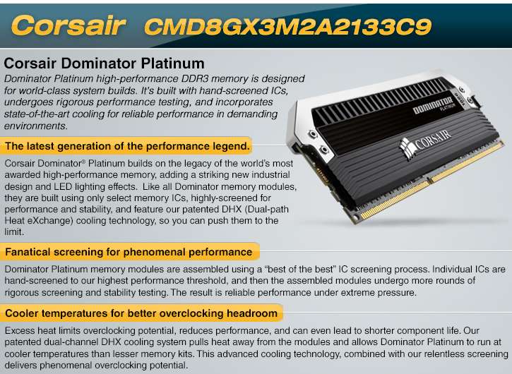 c13 4056 sell01 jsb ec 2958857 CORSAIR Dominator Platinum CMD8GX3M2A2133C9 DDR3 2133MHz CL9 8GB Kit Review