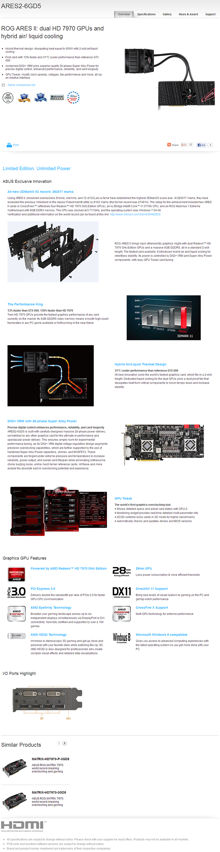 spec1 ASUS ROG ARES II : dual HD 7970 GPUs and hybrid air/ liquid cooling Review