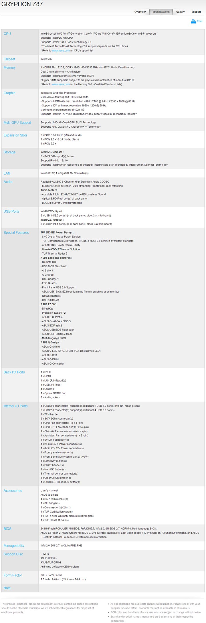 spec2 spec2 ASUS TUF GRYPHON Z87 mATX Motherboard Review