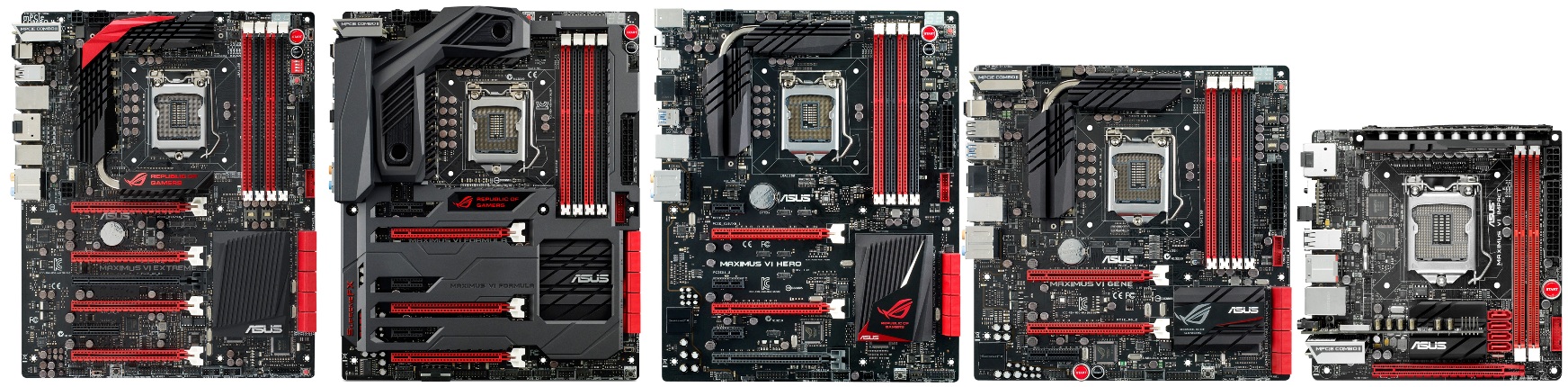 all_rog_maximus_vi_motherboards all rog maximus vi motherboards สาธารณรัฐแห่งเกม “ROG” เปิดตัวมาเธอร์บอร์ดตระกูล MAXIMUS VI 5 รุ่นรวด! ทะยานความแรงทุกพิกัดด้วยชิพเซ็ต Z87 ใหม่ พร้อมรองรับ Haswell CPU ตอบรับทุกเสียงเรียกร้องจากสาวกเกมฮาร์ดคอร์ทั่วโลกแบบจัดเต็ม!