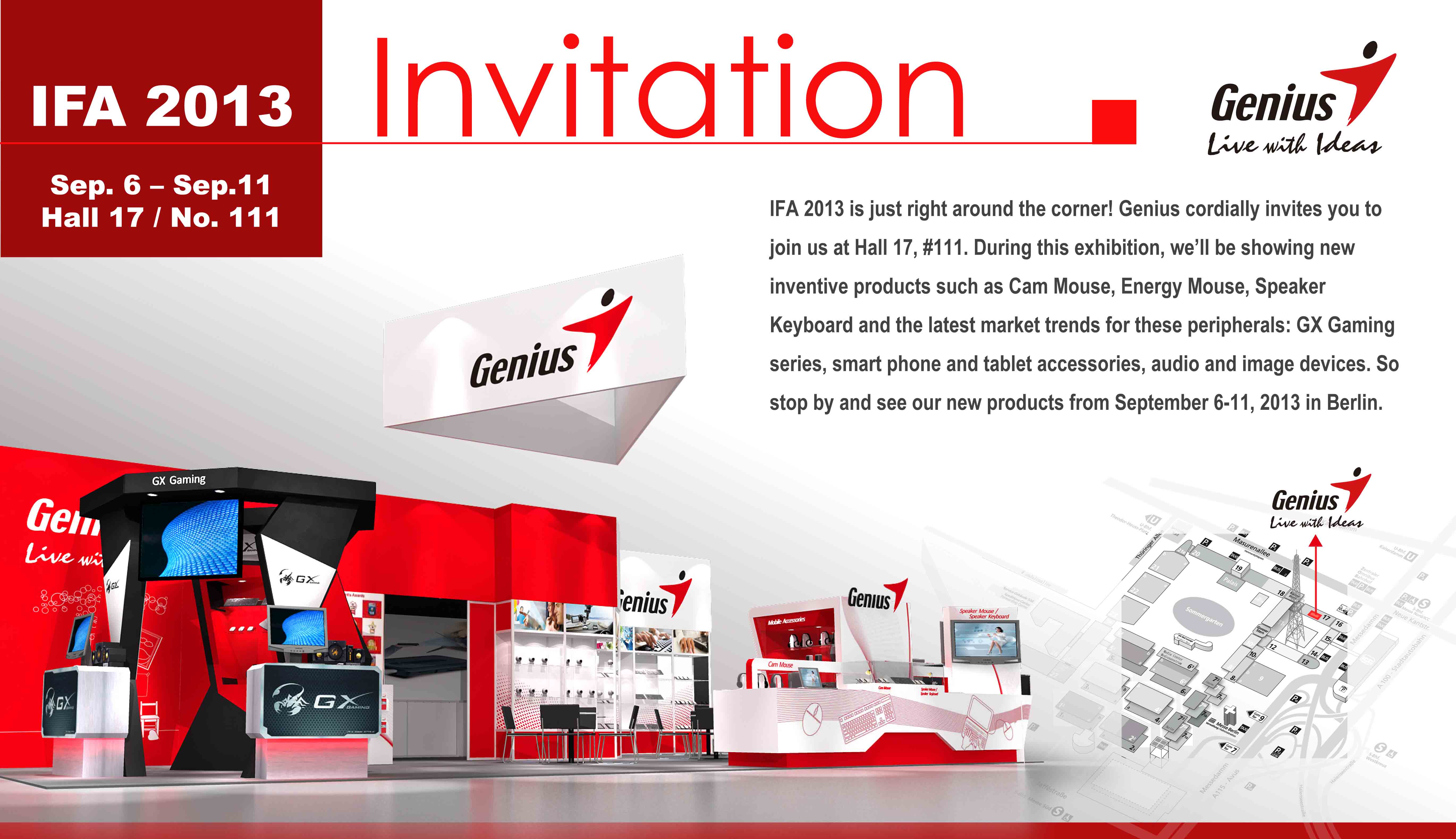 ©ø¬ÕÁܽШç ifa 2013 invitation Genius จัดแสดงผลิตภัณฑ์ที่ได้รับรางวัล ในตระกูล GX Gaming Series และอุปกรณ์ต่อพ่วงแบบไฮบริดในงาน IFA 2013 บูท #111, Hall 17 เบอร์ลิน เยอรมนี