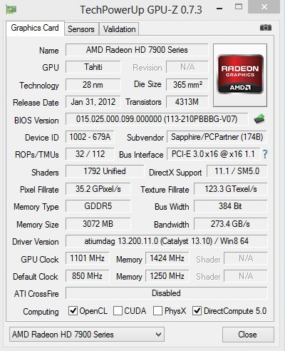 gpuz-oc gpuz oc SAPPHIRE HD 7950 3GB GDDR5 OC with Boost VAPOR X On AMD FX 8350 Test