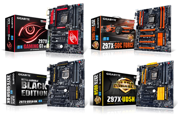 013 013 GIGABYTE เปิดตัวเมนบอร์ด 9 Series ในตระกูล Z97 และ H97 พบกับเมนบอร์ด 4 Series ใหม่ที่แตกต่างกัน ประกอบไปด้วยเมนบอร์ด G1™ Gaming, Overclocking Series, Black Edition และ Ultra Durable™