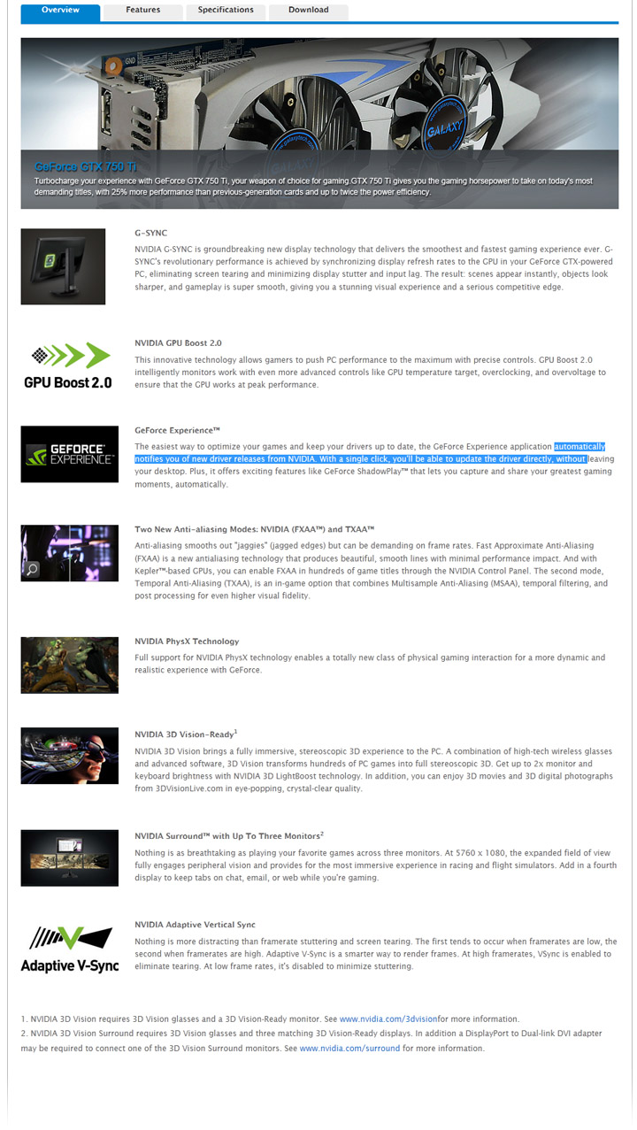 spec GALAXY GeForce GTX750 Ti GC 2GB 