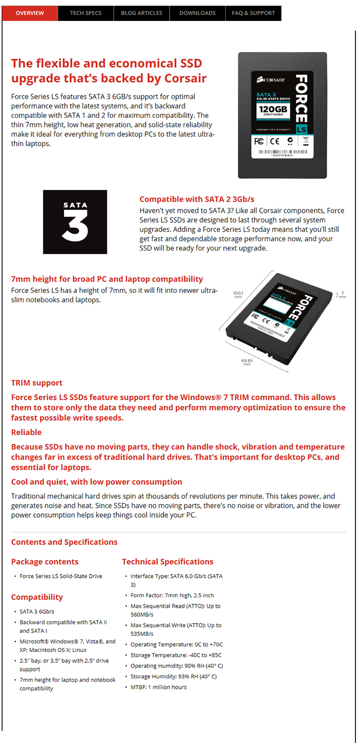 spec1 CORSAIR FORCE SERIES LS 120GB SATA 3 6Gb/s SSD Review