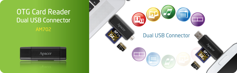 am702-banner_984x304_1 am702 banner 984x304 1 Apacer AM702 OTG Card Reader ถ่ายโอนข้อมูลเยี่ยม ! เพิ่มความสบายให้ชีวิต ด้วย Dual card slot และ dual USB port
