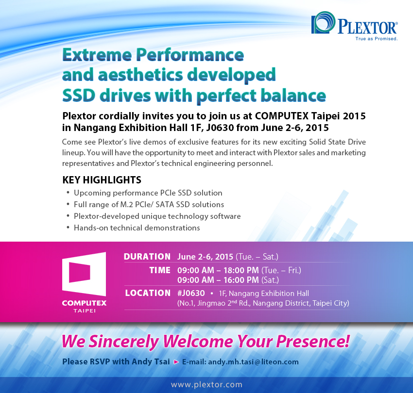 computex_invitation2015 computex invitation2015 PLEXTOR จัดเต็ม! พร้อมโชว์ความสามารถด้านการวิจัยและพัฒนา (R&D) และฟีเจอร์ล่าสุด PlexTurbo 3 PlexVault PlexCompressor ที่จะเปิดตัวพร้อมกับ M7e SSD ภายในงาน Computex 2015