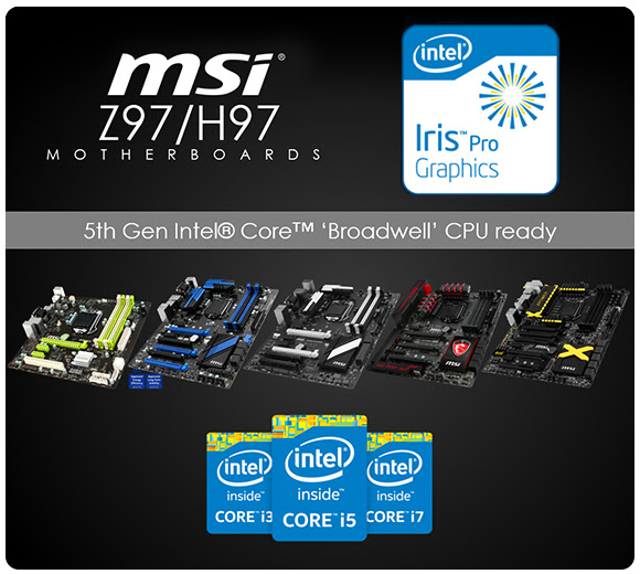 msi-z97 msi z97 มาเธอร์บอร์ด MSI Z97 & H97 นั้นรองรับการทำงานของซีพียู Intel® Core™ processors เจนเนอร์เรชั่นที่ 5th อย่างสมบูรณ์แบบ