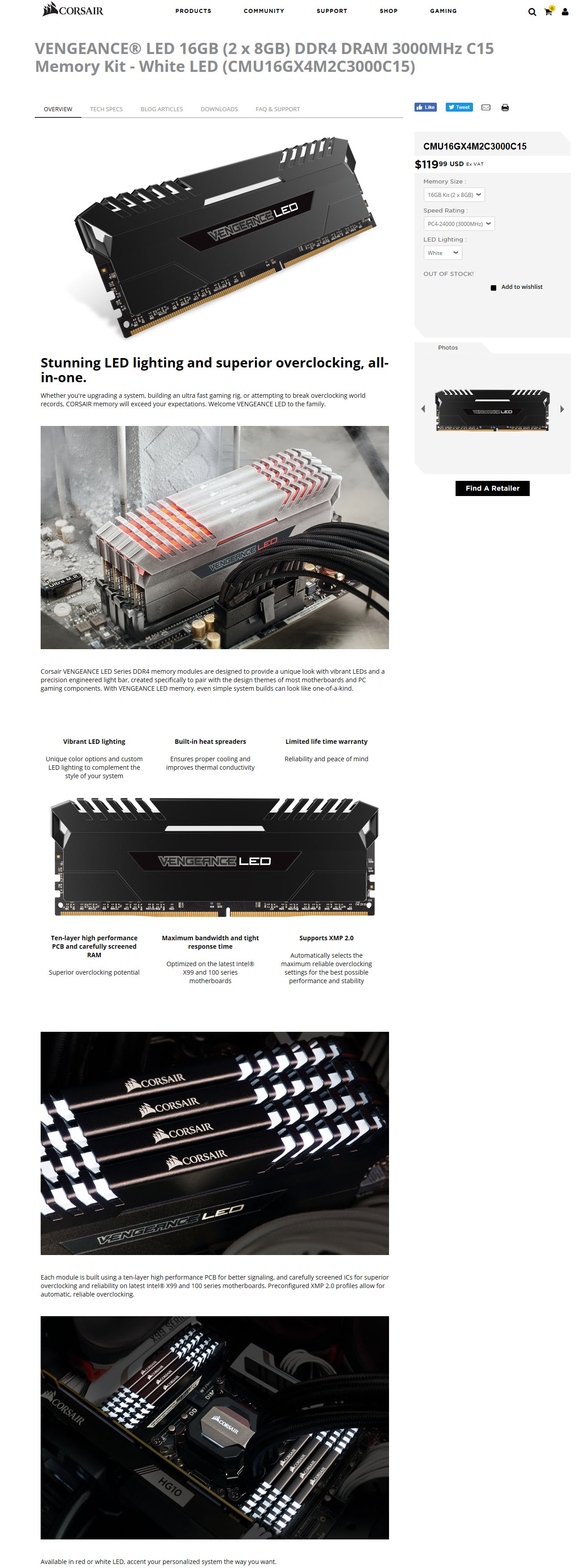 spec CORSAIR VENGEANCE LED 16GB (2 x 8GB) DDR4 DRAM 3000MHz C15 REVIEW