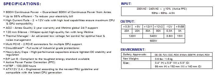 spec2 Antec   VP600P Strictly Power 600W Review