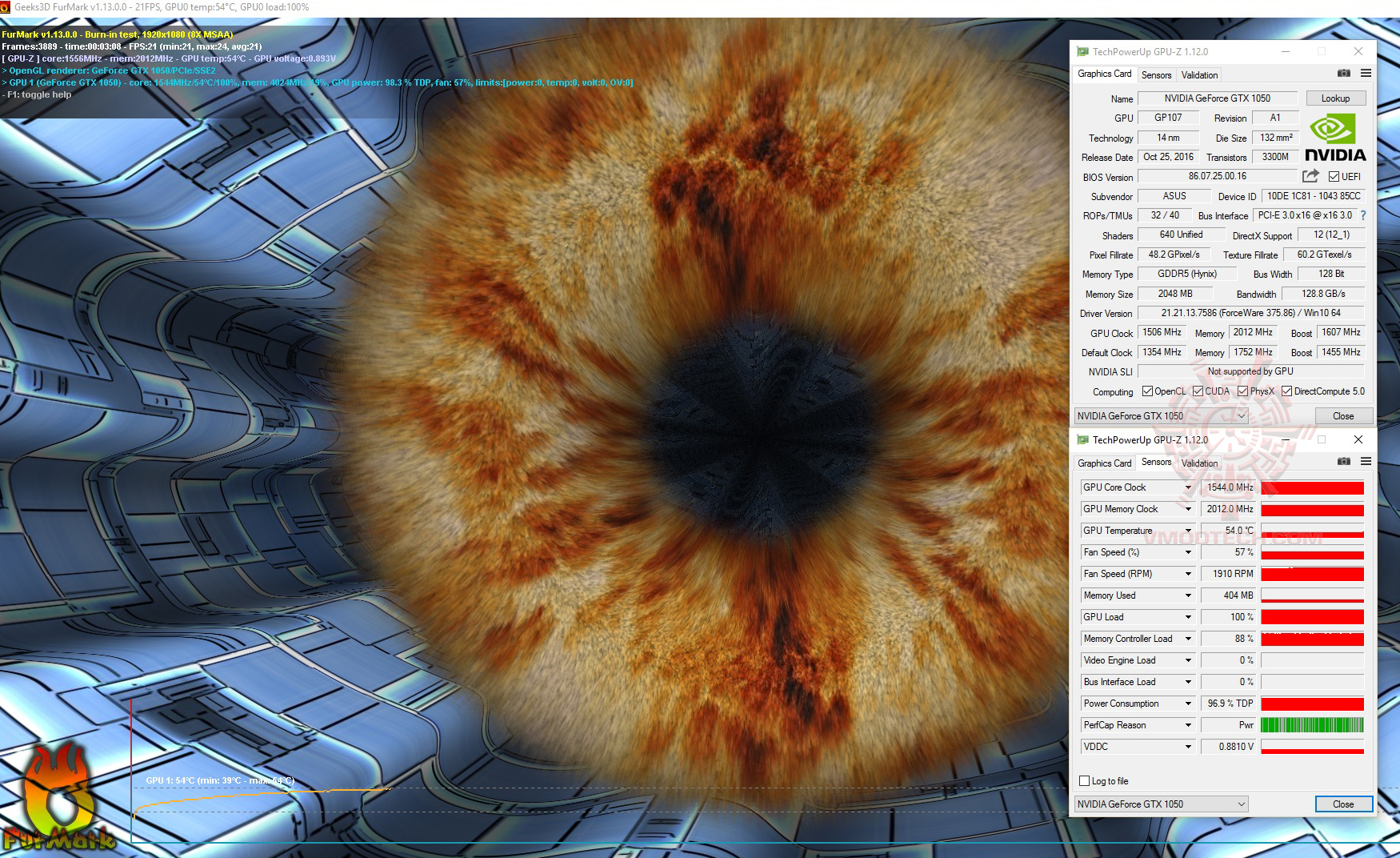 furmark oc ASUS GeForce GTX 1050 2GB Dual fan Edition Review