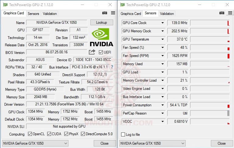 gpuz ASUS GeForce GTX 1050 2GB Dual fan Edition Review