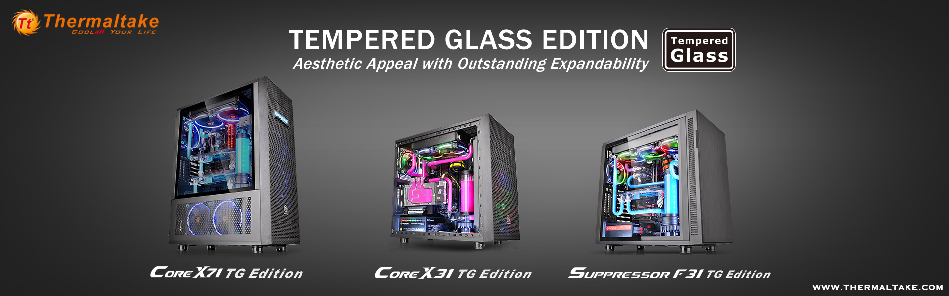 thermaltake new core x71aec2a2core x31aec2a2suppressor f31 tempered glass edition chassis Thermaltake เปิดตัวเคสรุ่นใหม่ล่าสุด Core X31, Core X71, and Suppressor F31 Tempered Glass Edition Chassis 