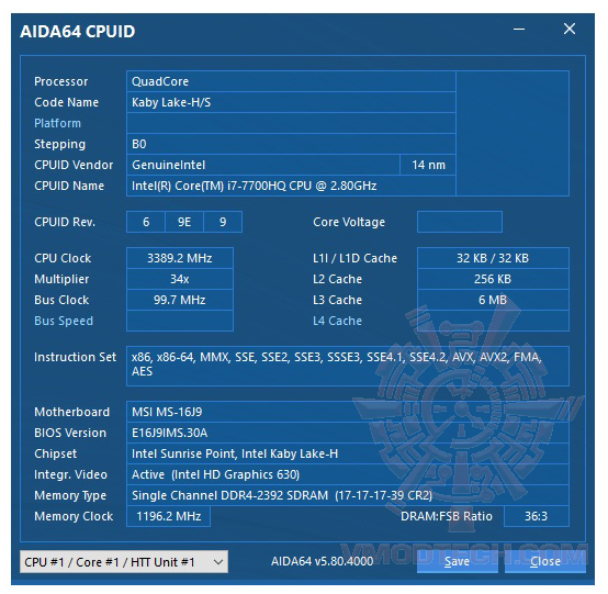 aida64 cpu MSI GE62 7RE Apache Pro Review