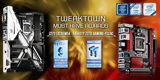 ASRock Z270 Extreme4 และ Fatal1ty Z270 Gaming-ITX/ac คว้ารางวัล MUST HAVE 2017 จาก TweakTown