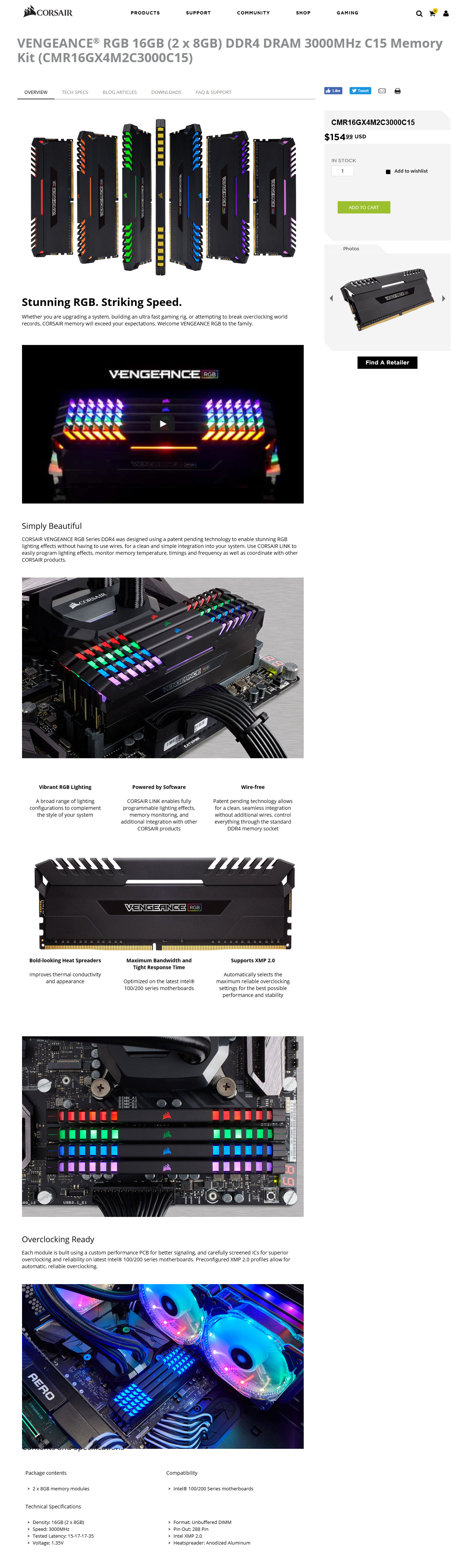 spec spec CORSAIR VENGEANCE RGB 16GB (2 x 8GB) DDR4 DRAM 3000MHz C15 REVIEW
