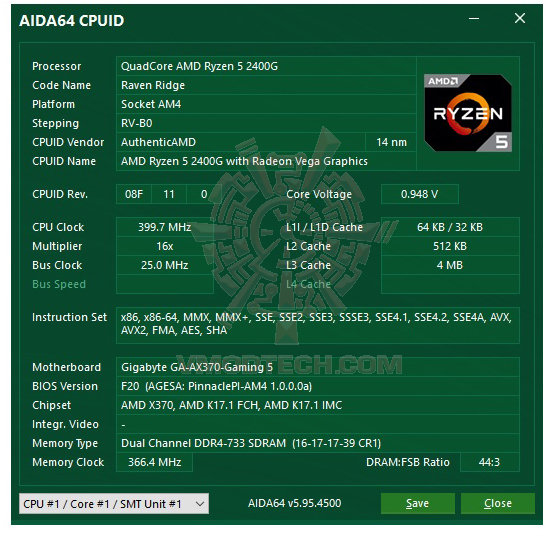 aida64 AMD RYZEN5 2400G WITH GIGABYTE AX370 GAMING 5 REVIEW 